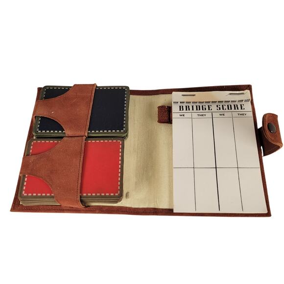 Vintage Suede Bridge Card Game Set w/ Score Pad, 2 Decks, & Snap Closure Case - Picture 2 of 9